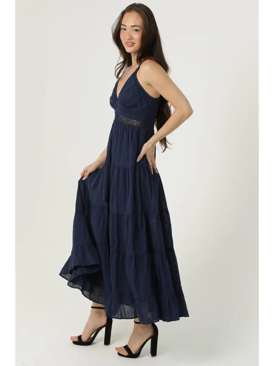 Eyelet Embroidered Midi Dress with Lace Inset