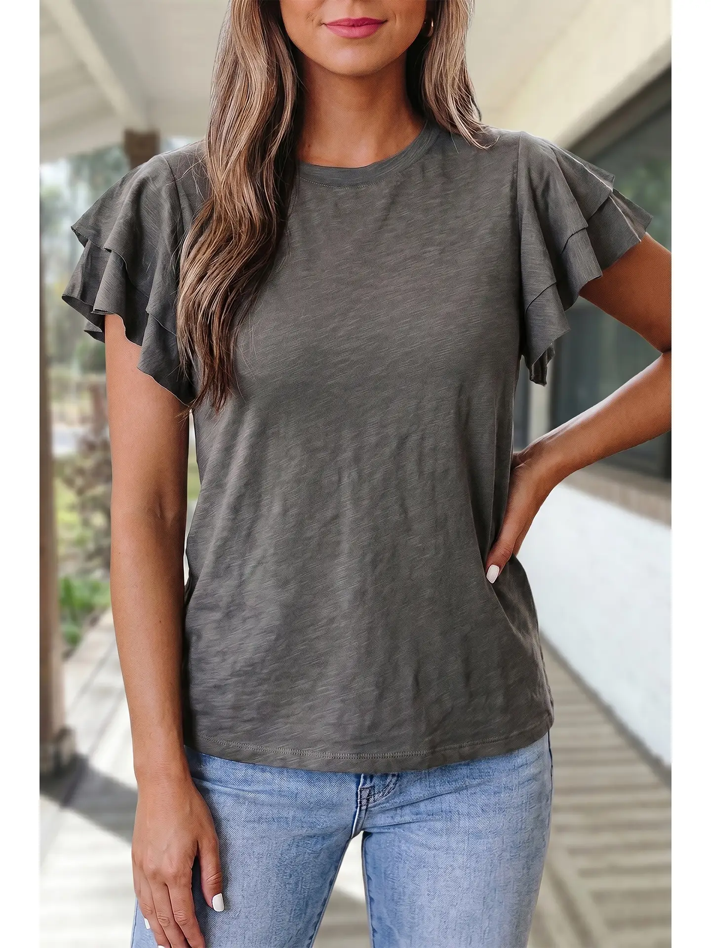 Ruffle Short Sleeve Round