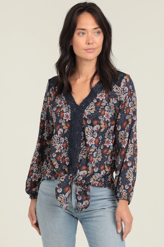 Lace Trim V-Neck Tie Waist Blouse