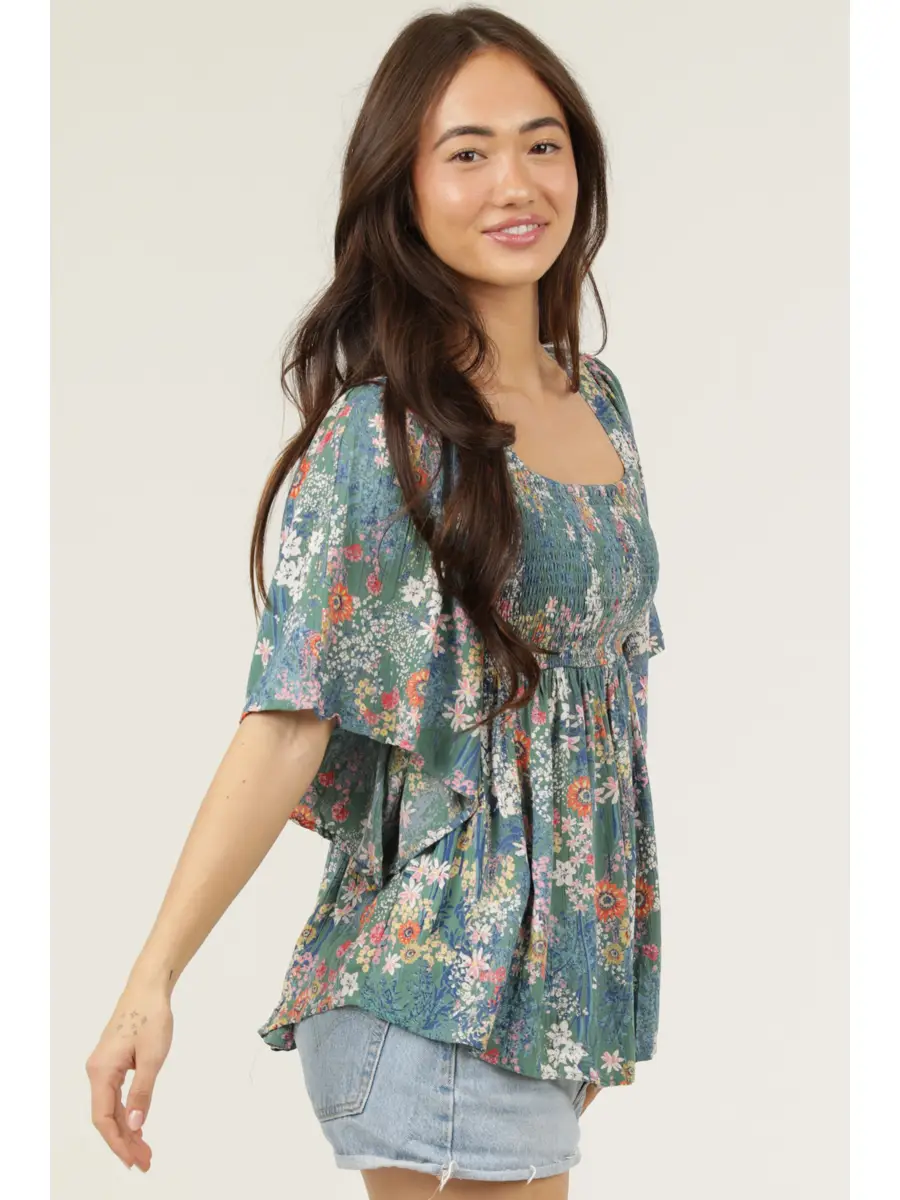 Floral Top Smocked Bodice Wide Sleeves