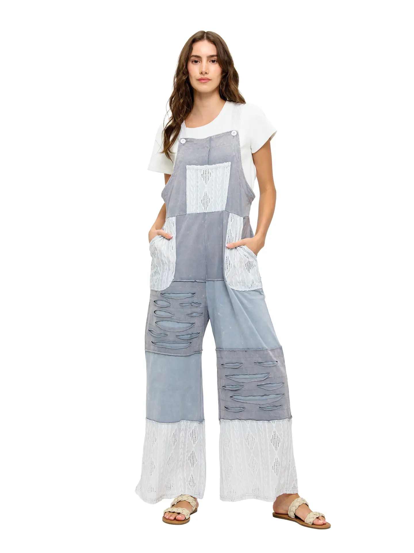 Grey Patchwork Razor Cut Overalls