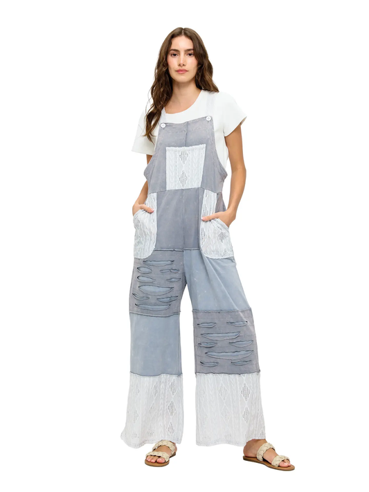 Grey Patchwork Razor Cut Overalls