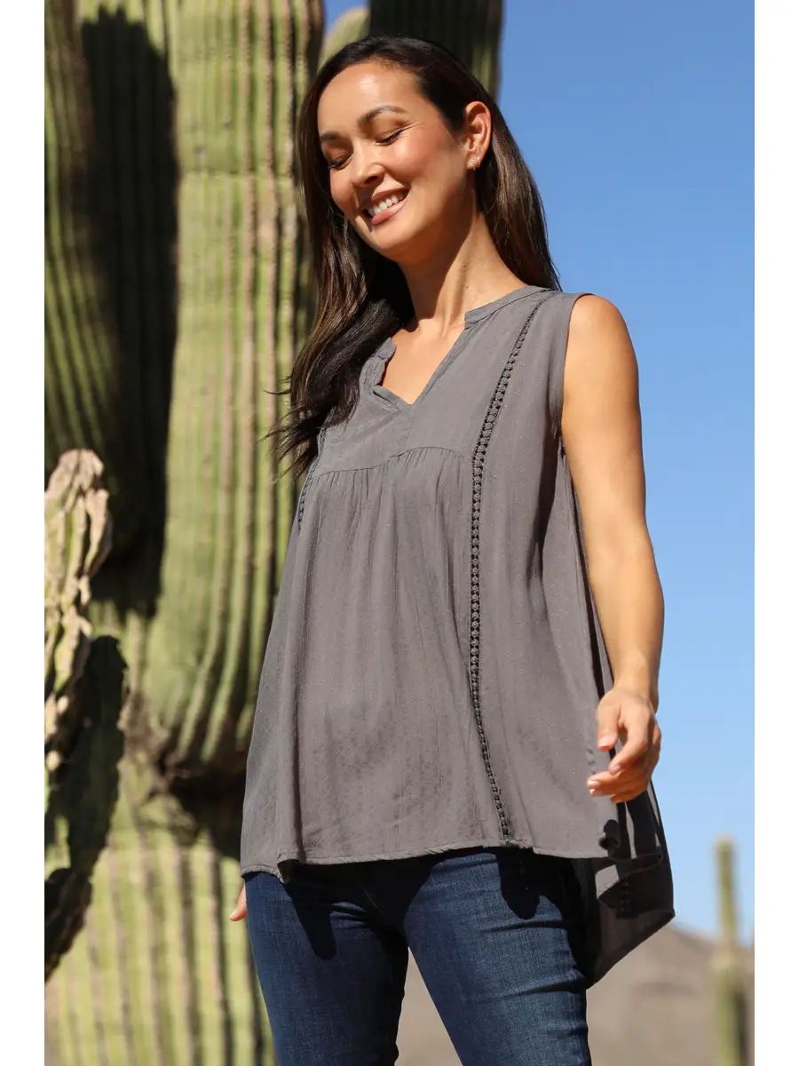 Textured Ladder Lace Trim Hi Lo Tank Top
