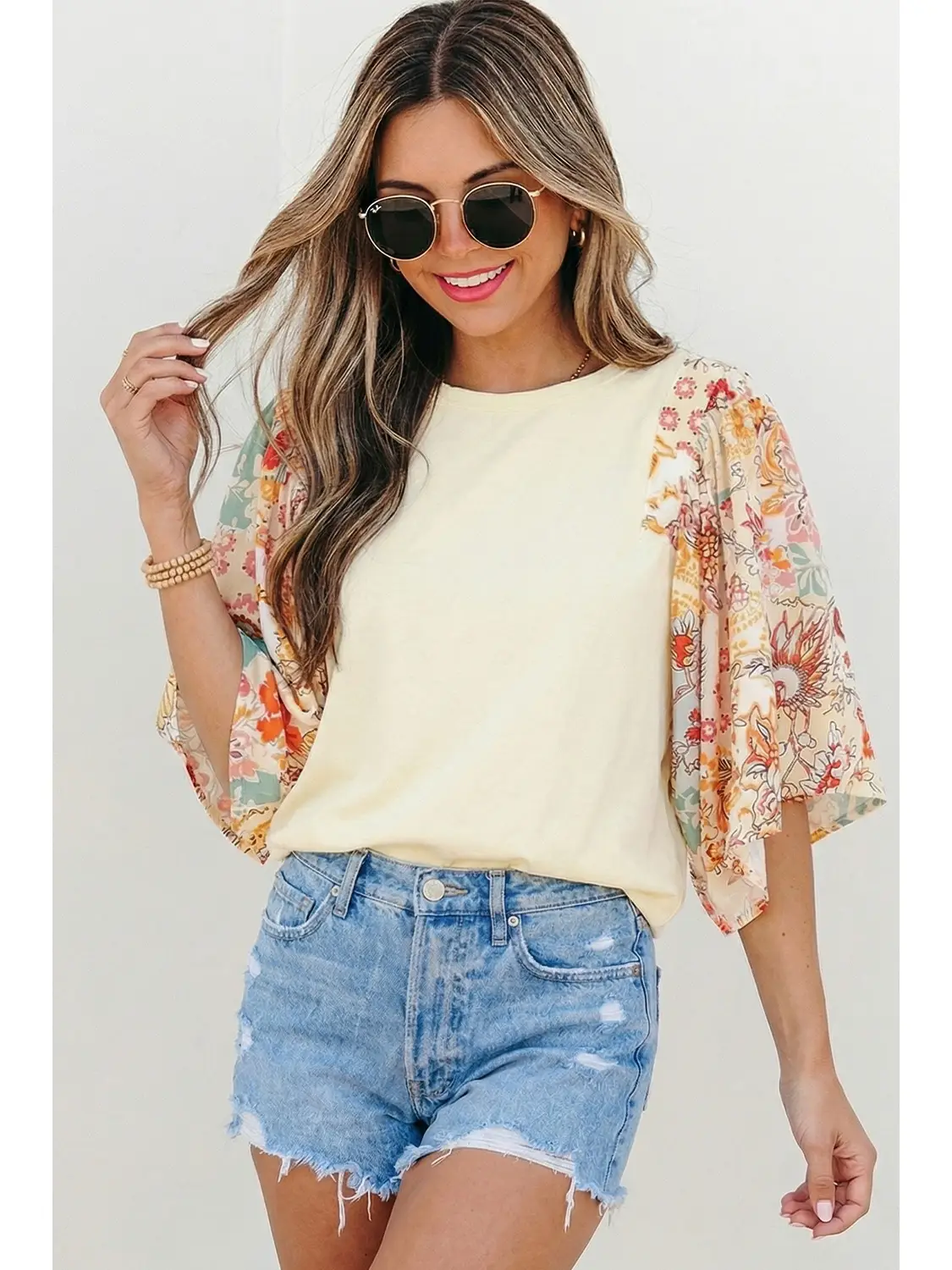 Floral Patchwork Half Batwing Sleeve Top