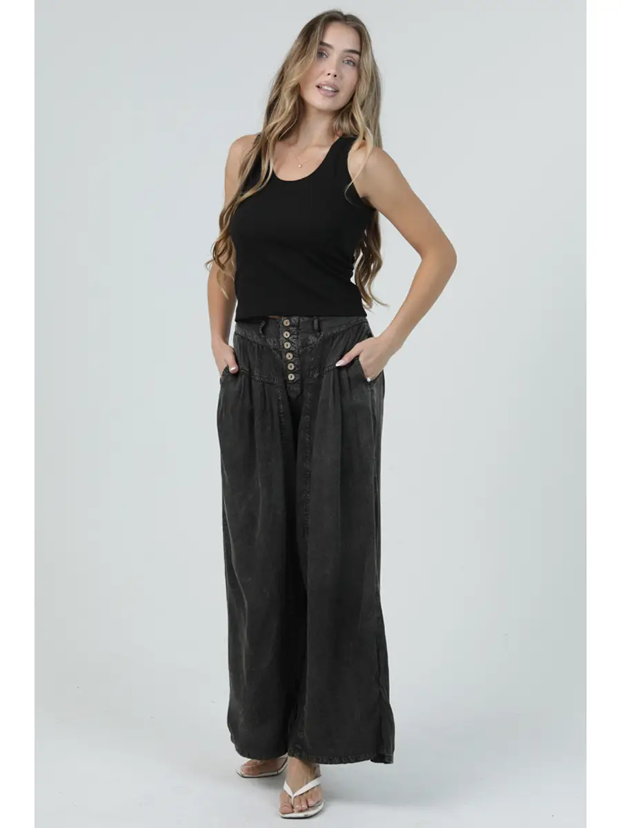 Acid Wash Button Front Wide Leg Pants