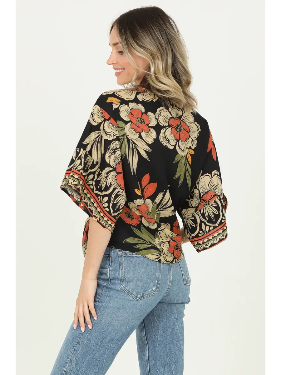 V-Neck Tie Waist Kimono Sleeve Top