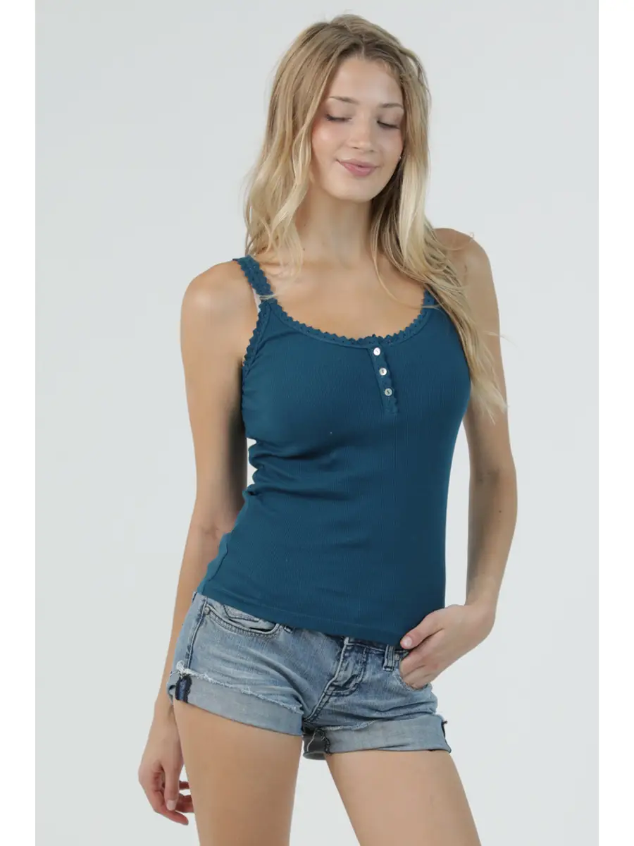 Rib Knit Lace Trim Henley Tank Top