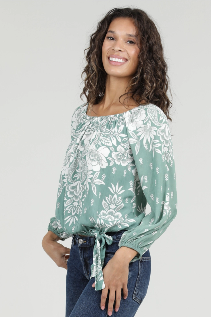 Printed Blouse w/ Side Waist Tie