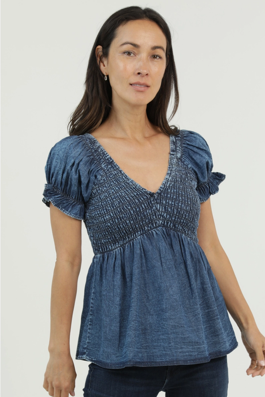 Smocked Bodice Puff Sleeve Denim Top
