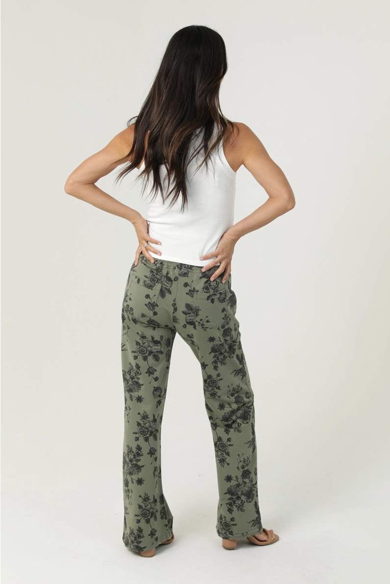 French Terry Wide Floral Print Straight Leg Pants