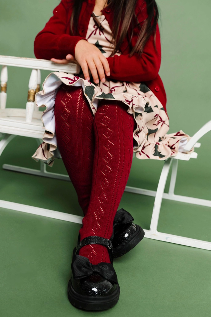 Girls Fancy Knit Tights - Crimson