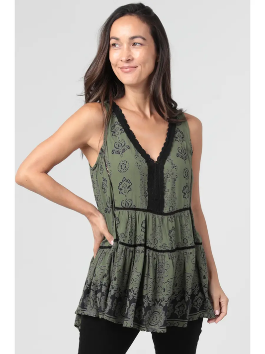 V-Neck Lace Trim Printed Tank
