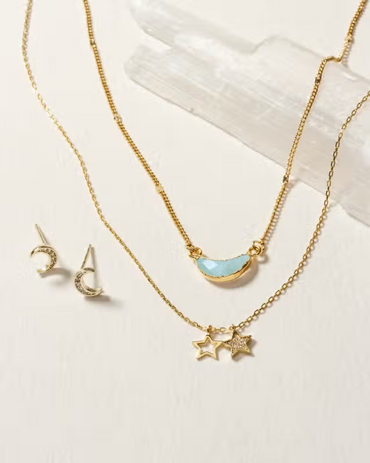 Moon & Stars Necklace Set - Aquamarine