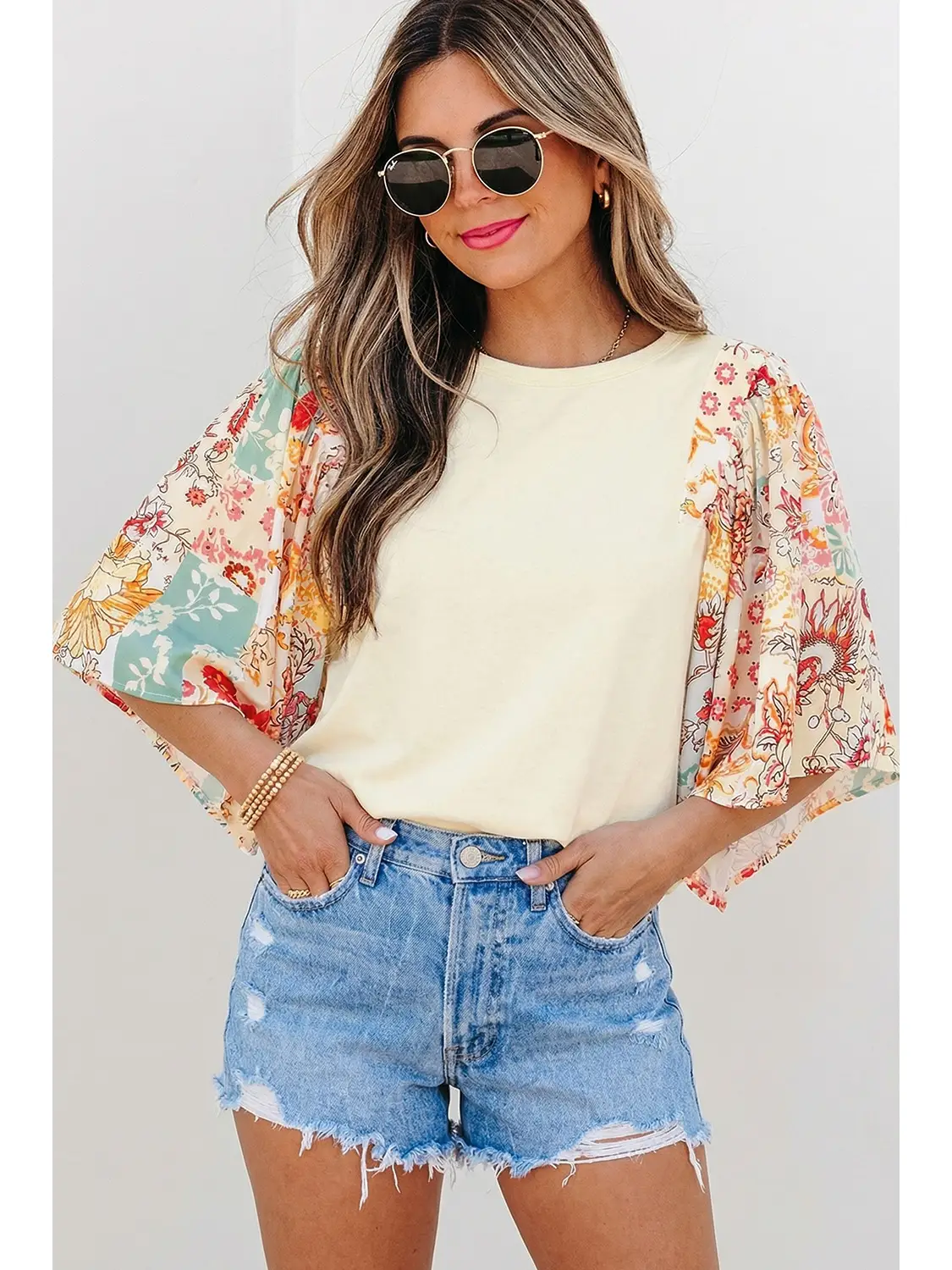 Floral Patchwork Half Batwing Sleeve Top