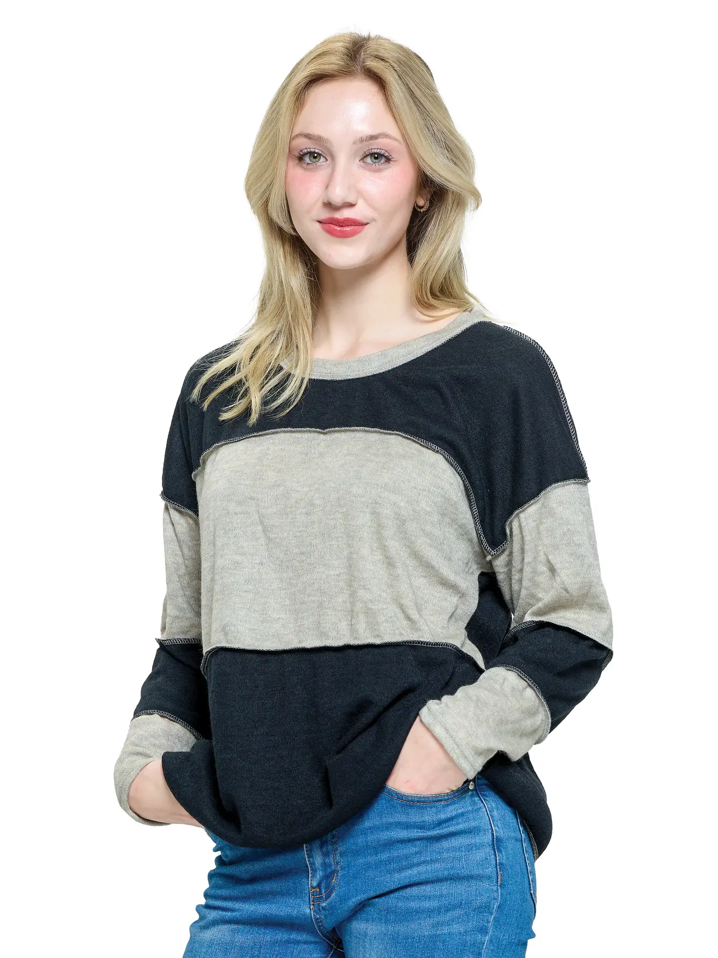 Colorblock Stitch Accented Pullover