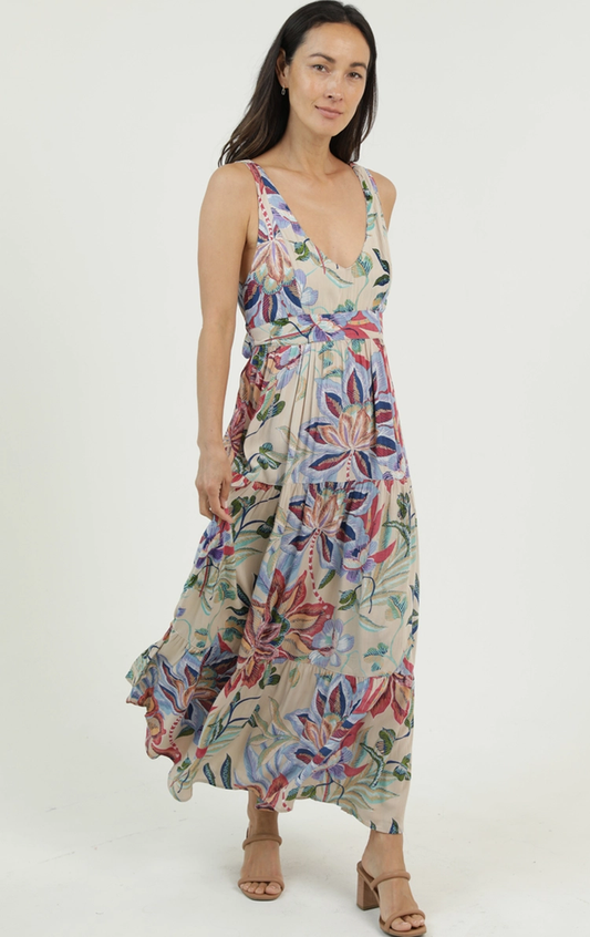 Printed Maxi Dress with Open Tie Back Deta