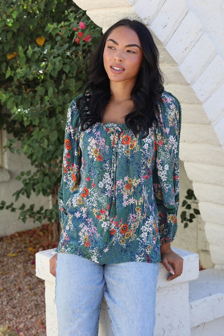 Floral Print Blouse w/ Lace Insets