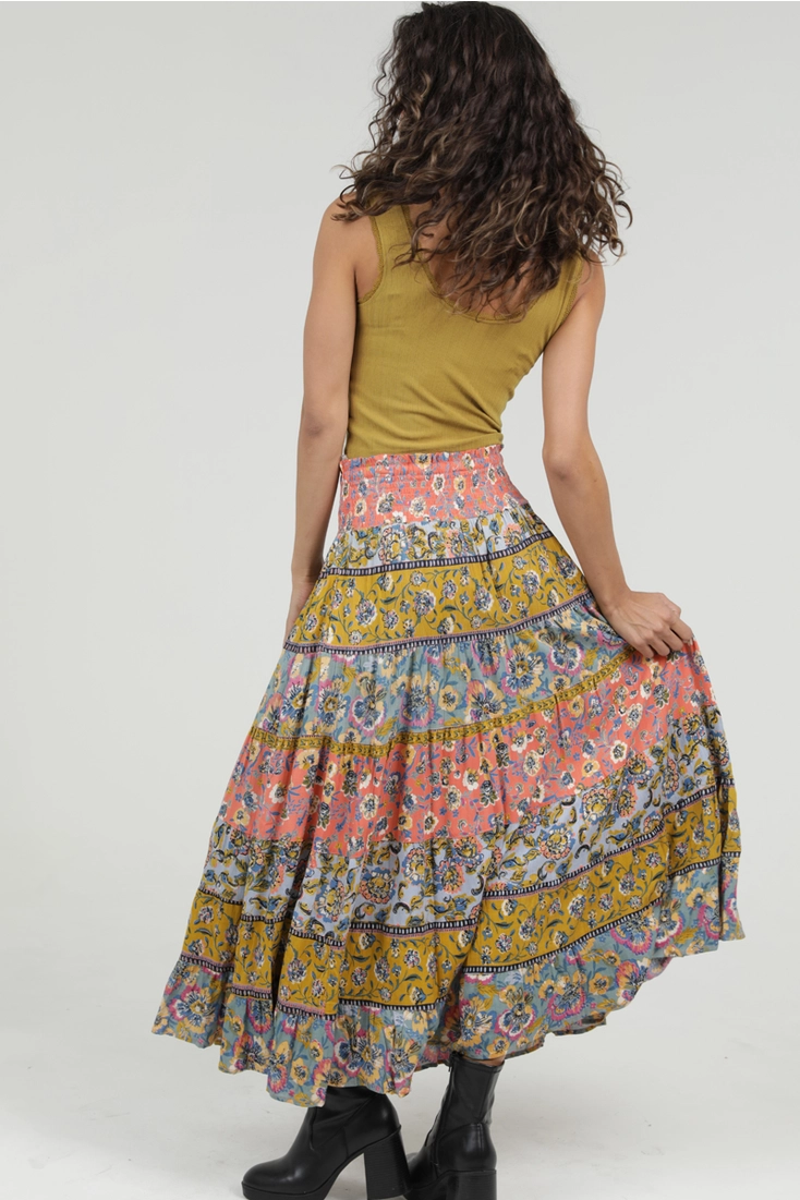 Mixed Print Tiered Maxi Skirt