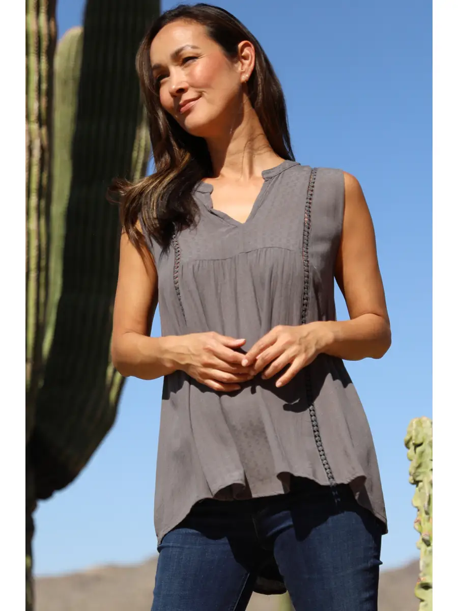 Textured Ladder Lace Trim Hi Lo Tank Top