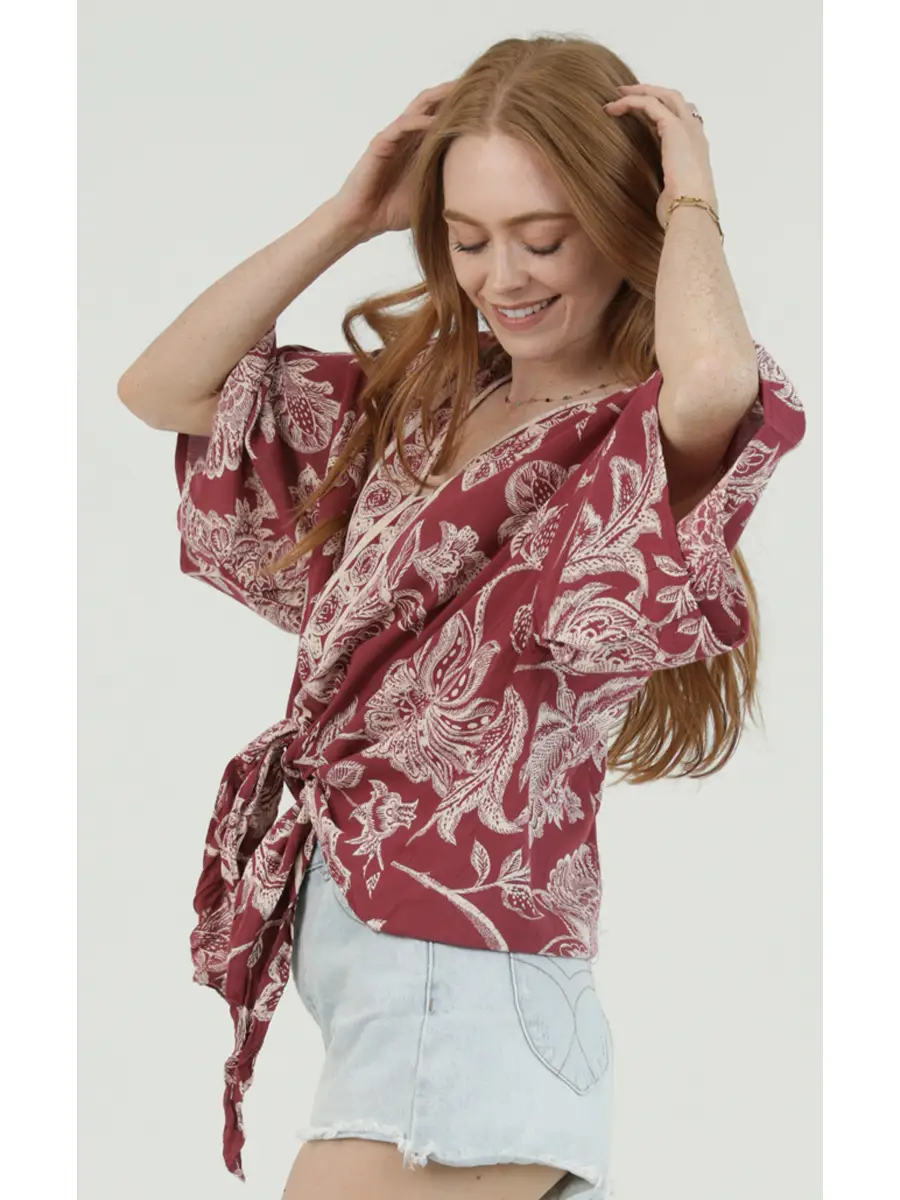 V-Neck Kimono Sleeve Tie Waist Blouse