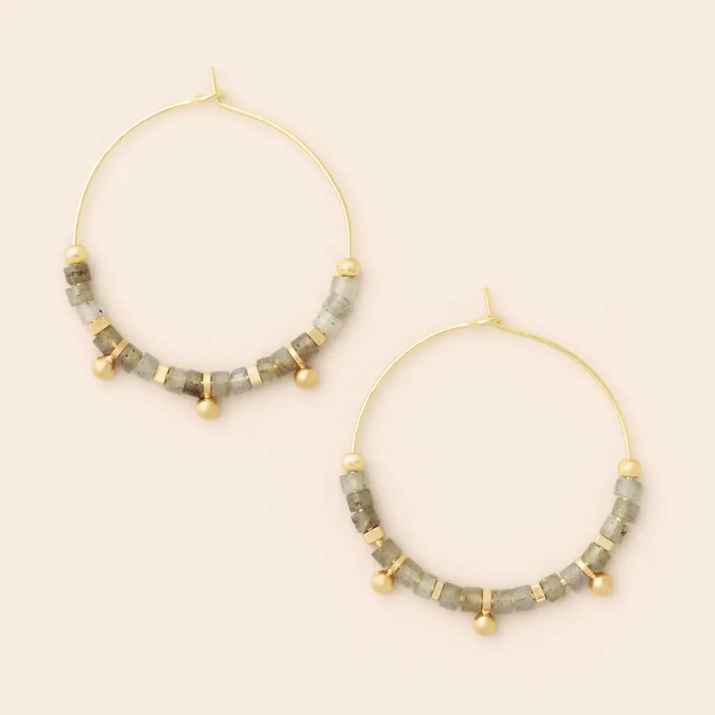 Stone Disc Hoop Earrings: Labradorite/Gold