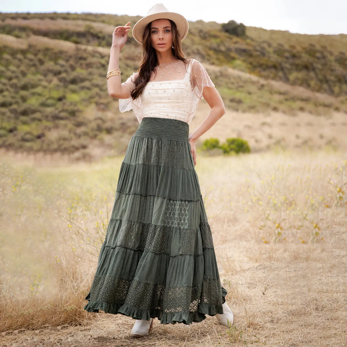 Ruffle Hem Smocked Yoke Lace Skirt