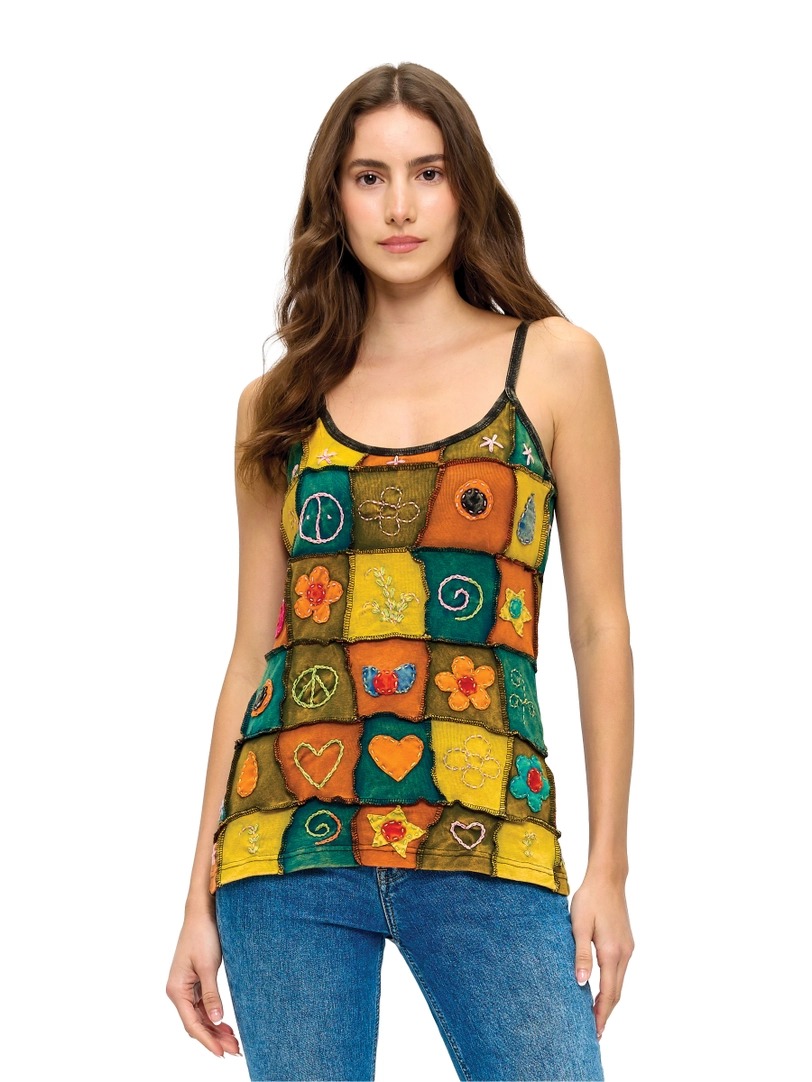 Hand-Stitched Symbols Patchwork Tank Top