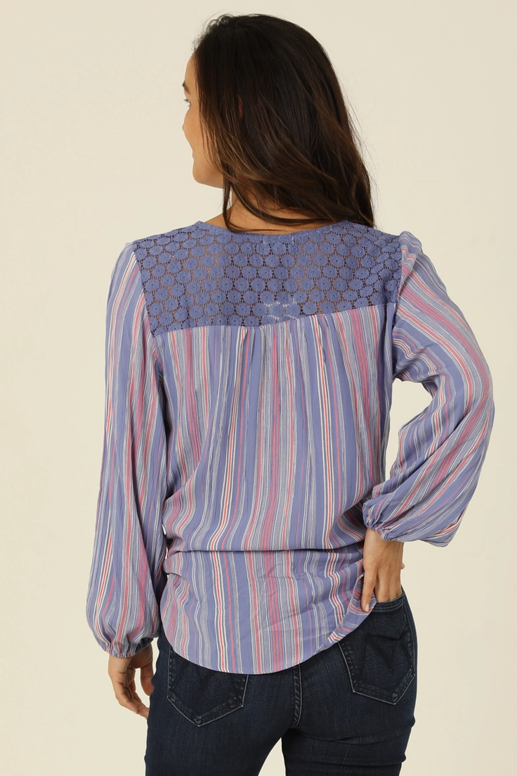 Striped Blouse w/ Crochet Trim Tie Waist