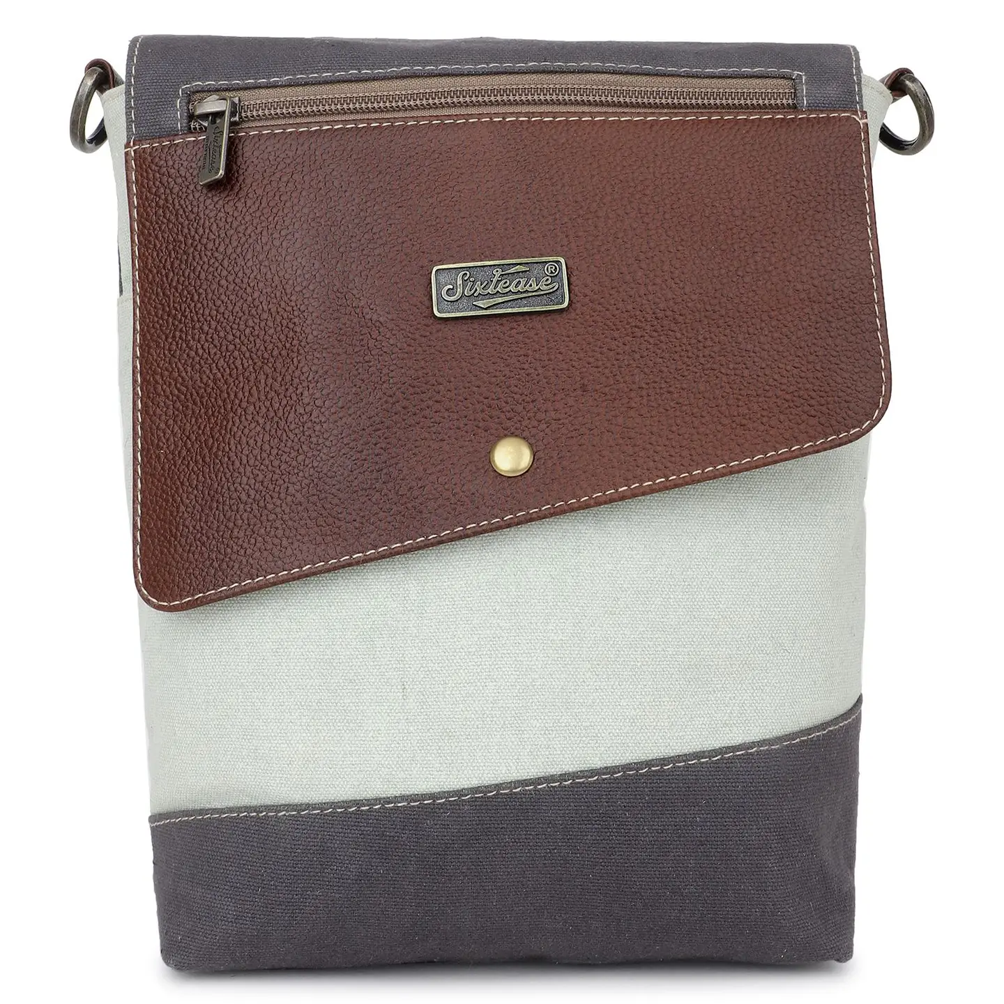 Canvas + Leather Colorblock Crossbody Bag - Grey