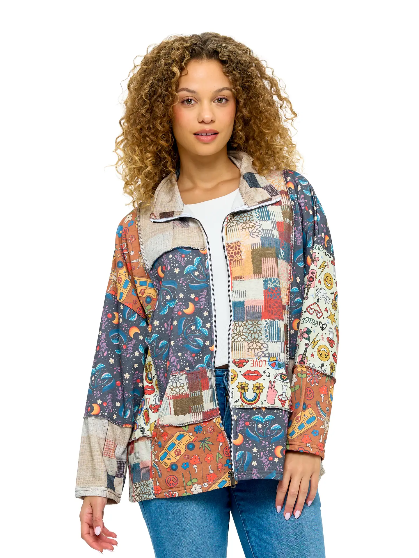 Whimsical Zip Up Patchwork Jacket