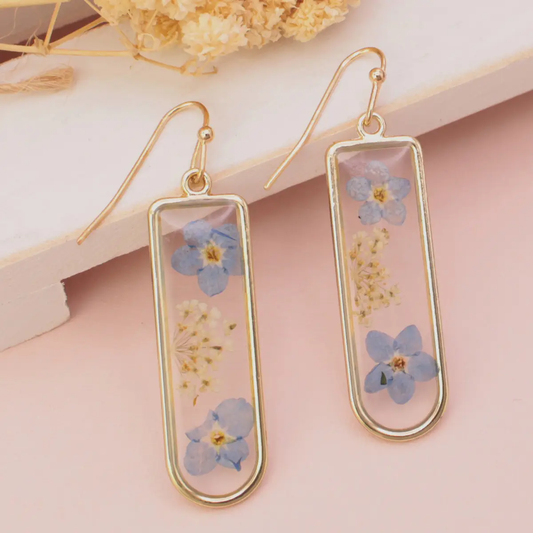 Cottage Blue Gold Dried Flower Earrings