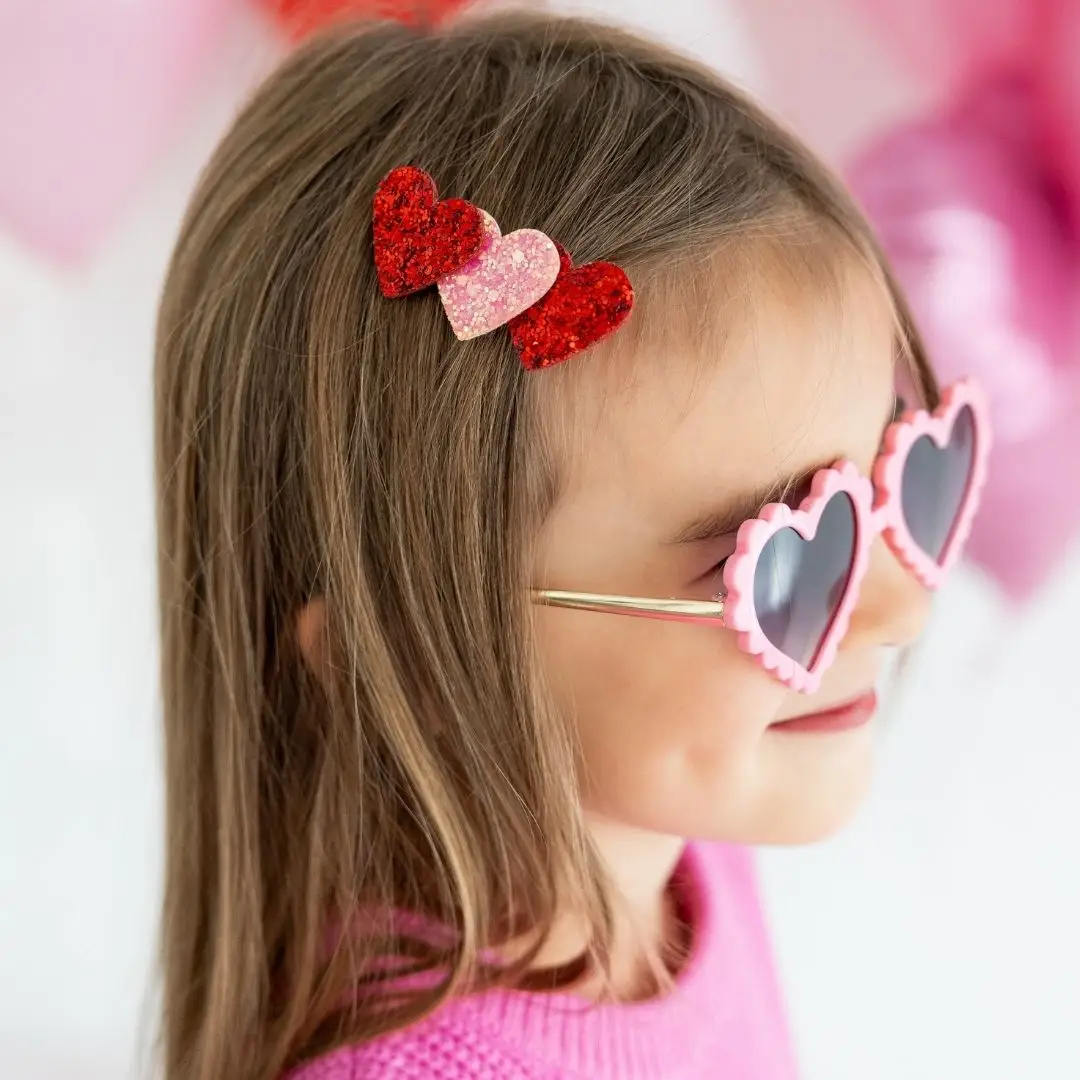 Girls Pink + Red Glitter Hearts Clip