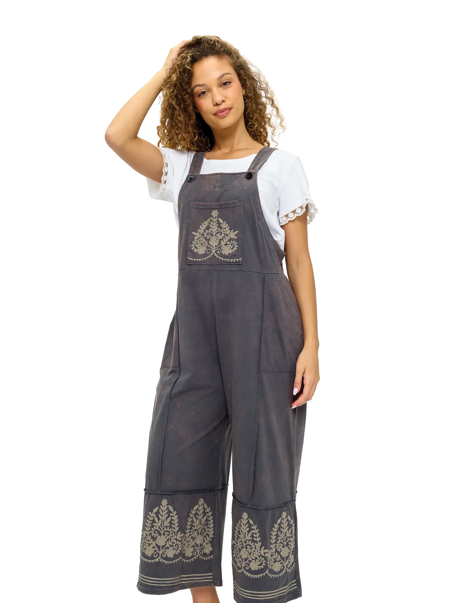 Embroidered Details Midi Overalls