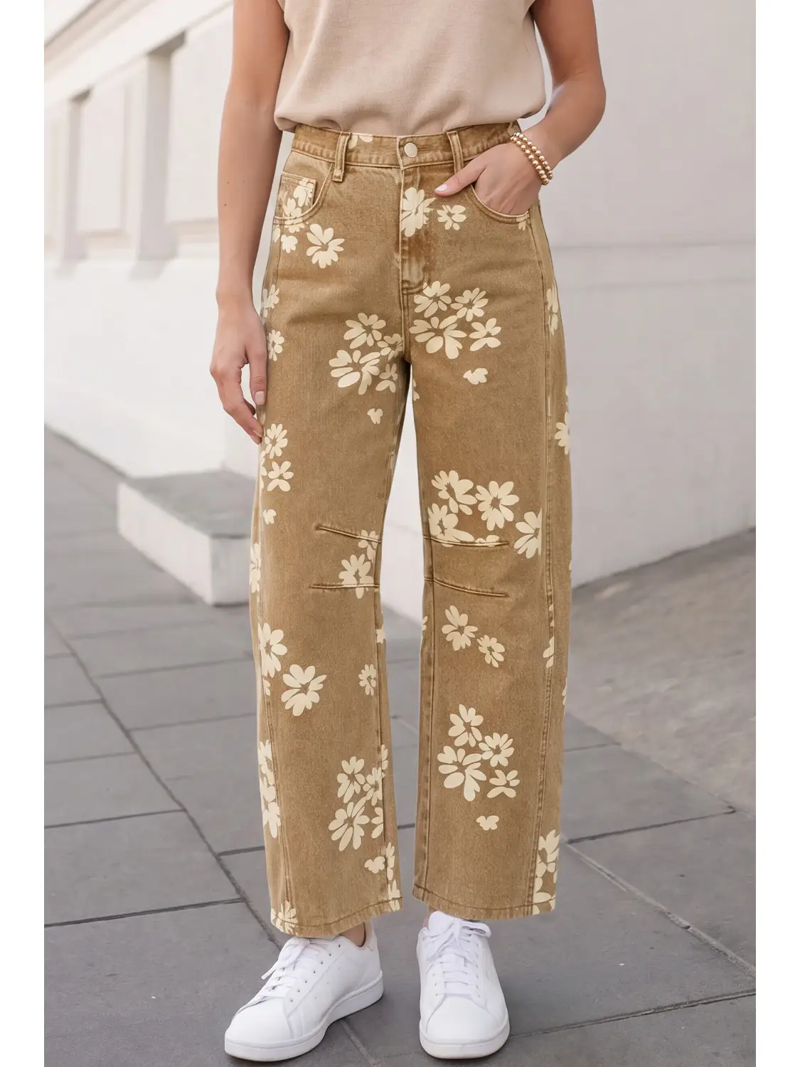 Floral Print High Waist Khaki Jeans