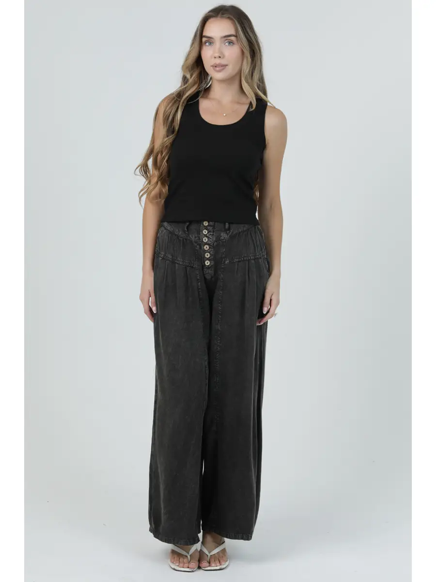 Acid Wash Button Front Wide Leg Pants
