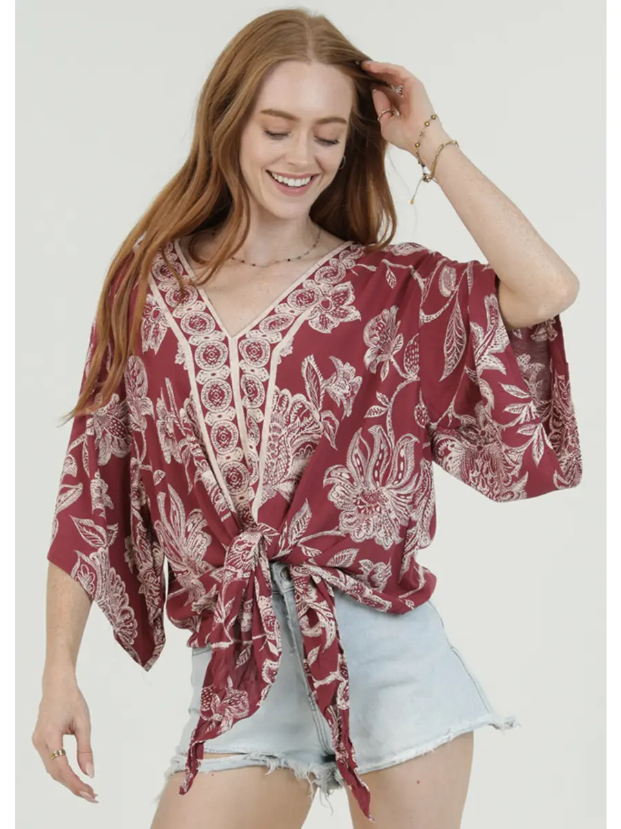 V-Neck Kimono Sleeve Tie Waist Blouse