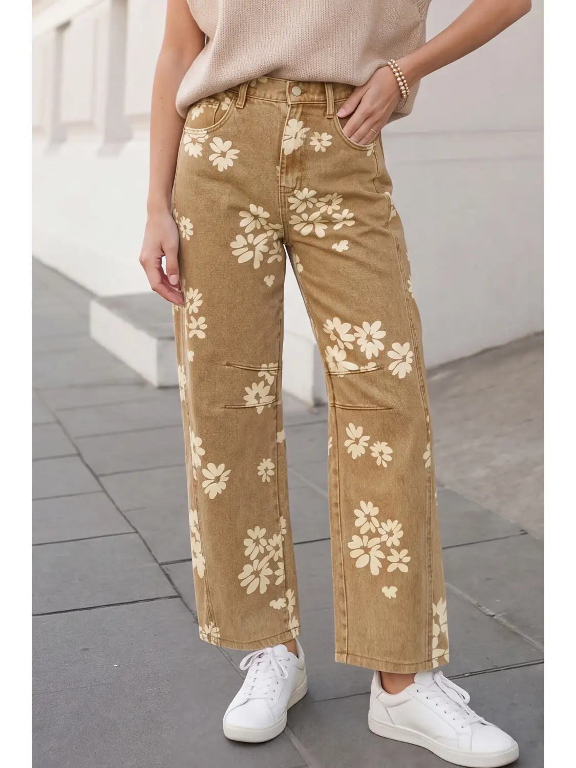 Floral Print High Waist Khaki Jeans