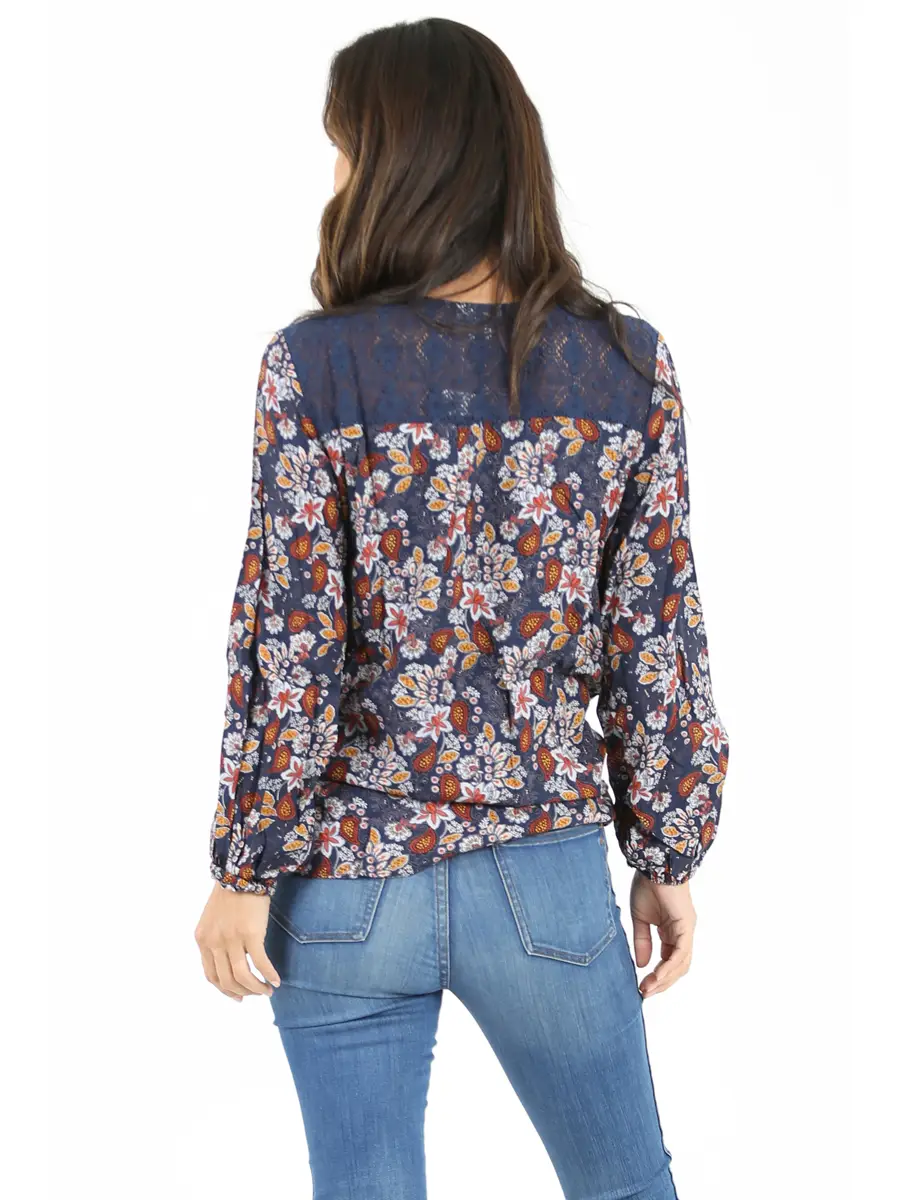 Lace Trim V-Neck Tie Waist Blouse