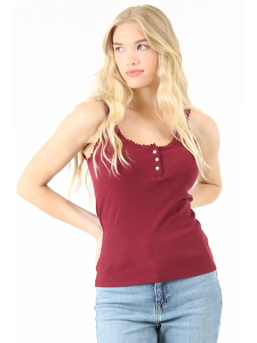 Rib Knit Lace Trim Henley Tank Top