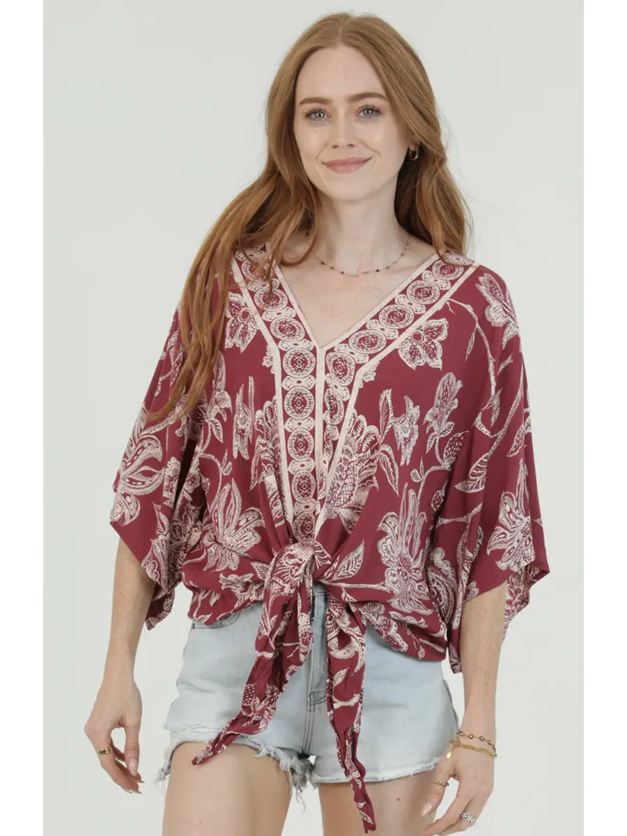 V-Neck Kimono Sleeve Tie Waist Blouse