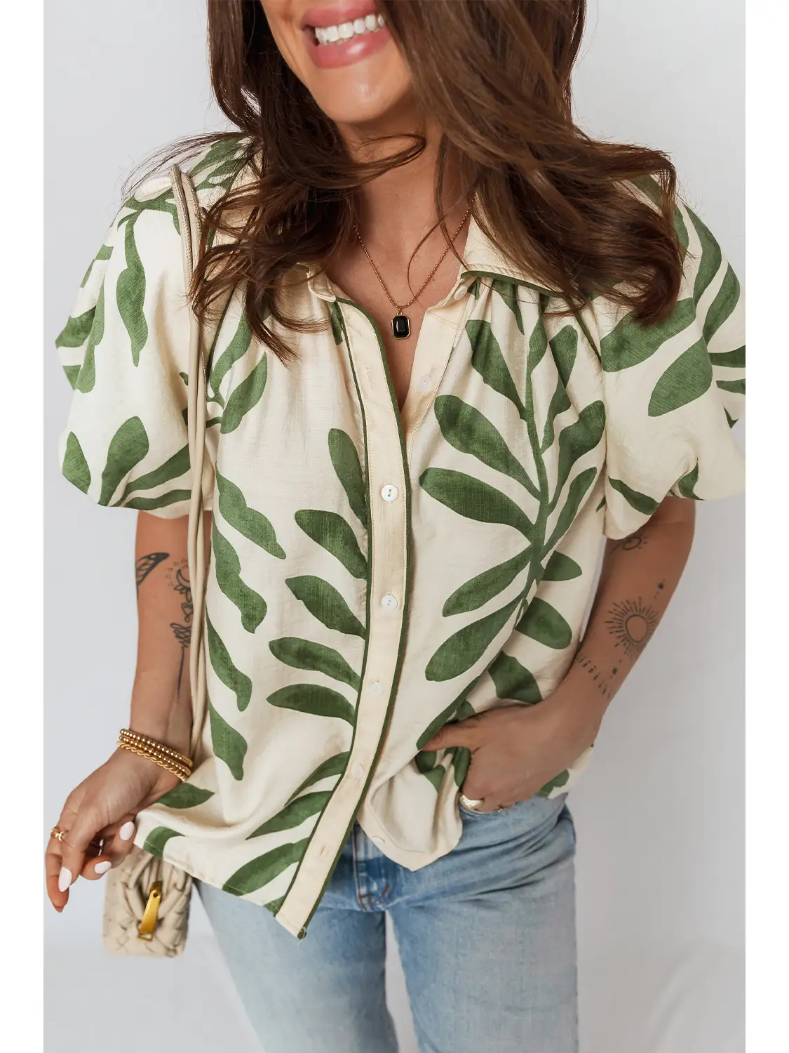 Green Leaf Print Balloon Sleeve Top