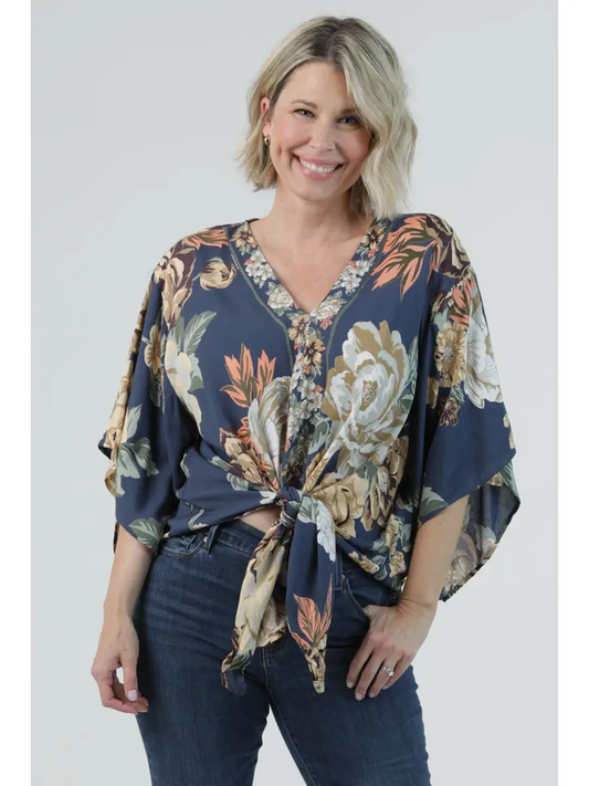 V-Neck Kimono Sleeve Tie Waist Blouse