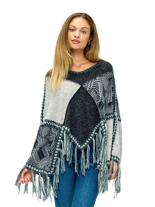 Patchwork Poncho With Fringe