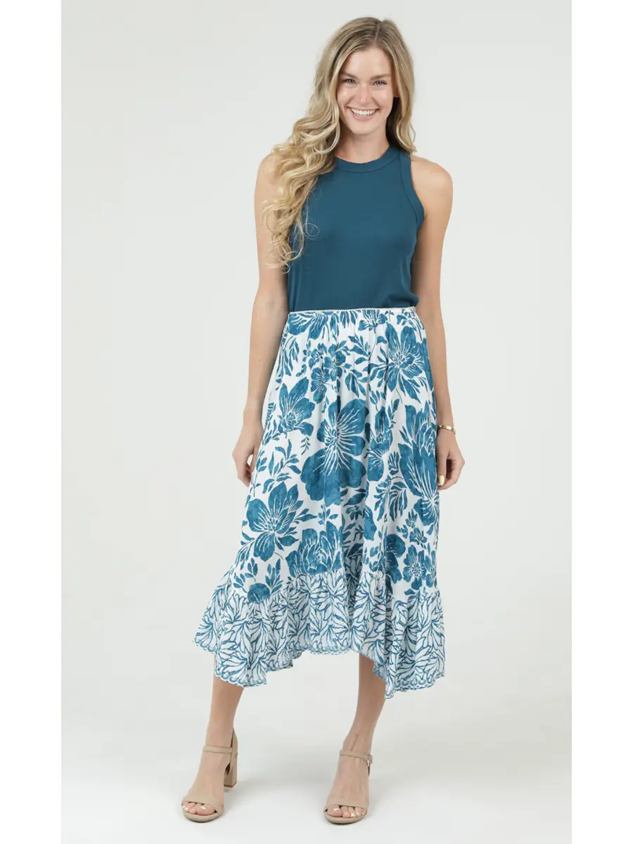 Tropical Floral Print Midi Skirt