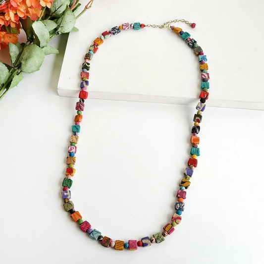 Dotted Kantha Square Long Necklace