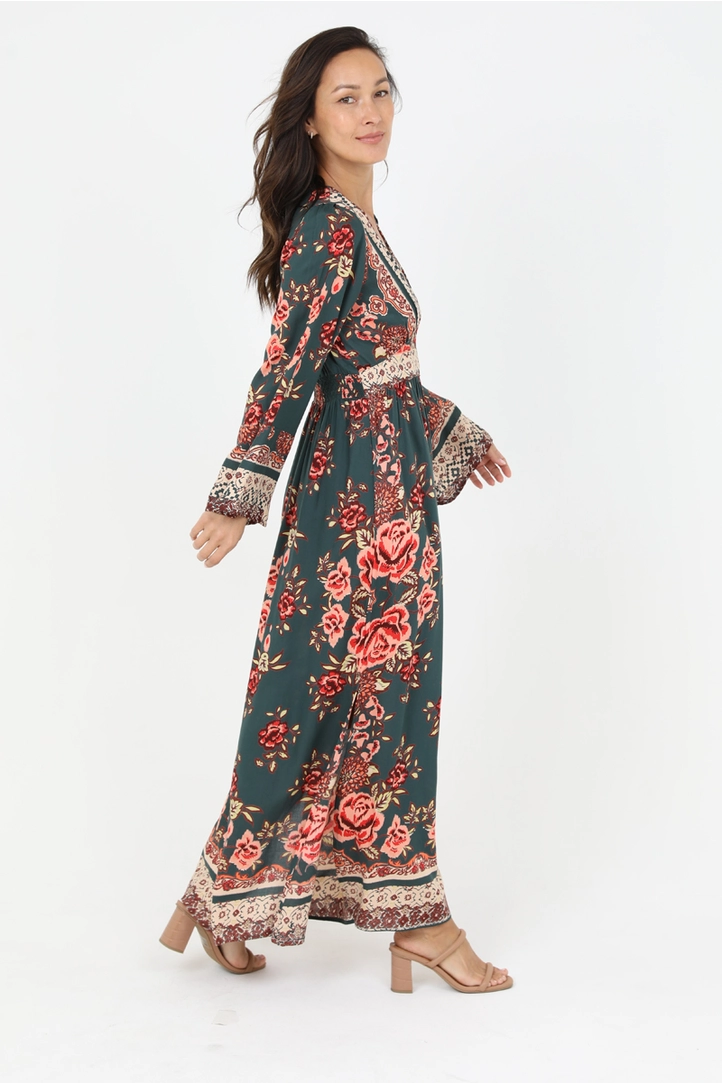 V-Neck Wide Sleeve Printed Kimono Dress