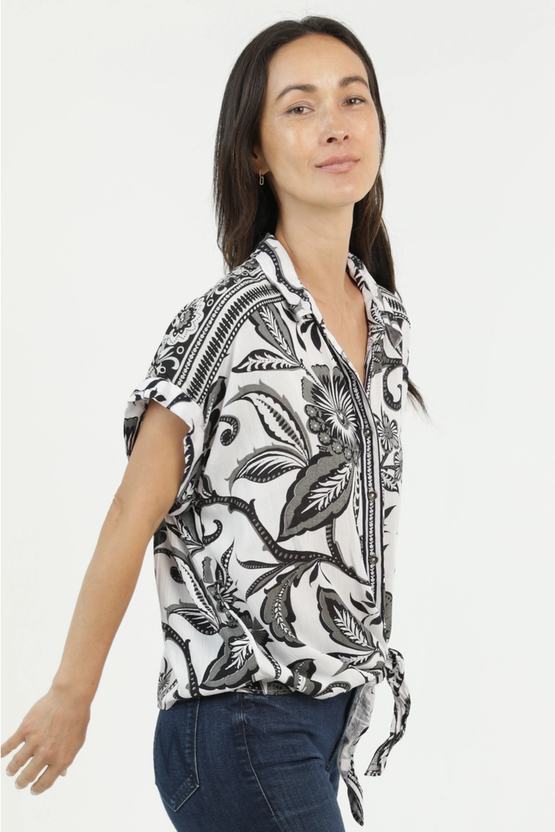 V-Neck Tie Waist Collared Top