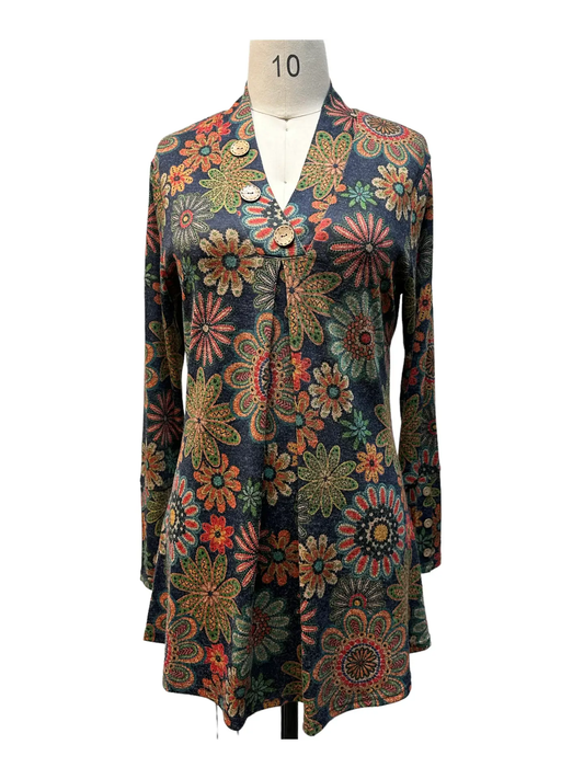 Multi Floral Button V-Neck Tunic