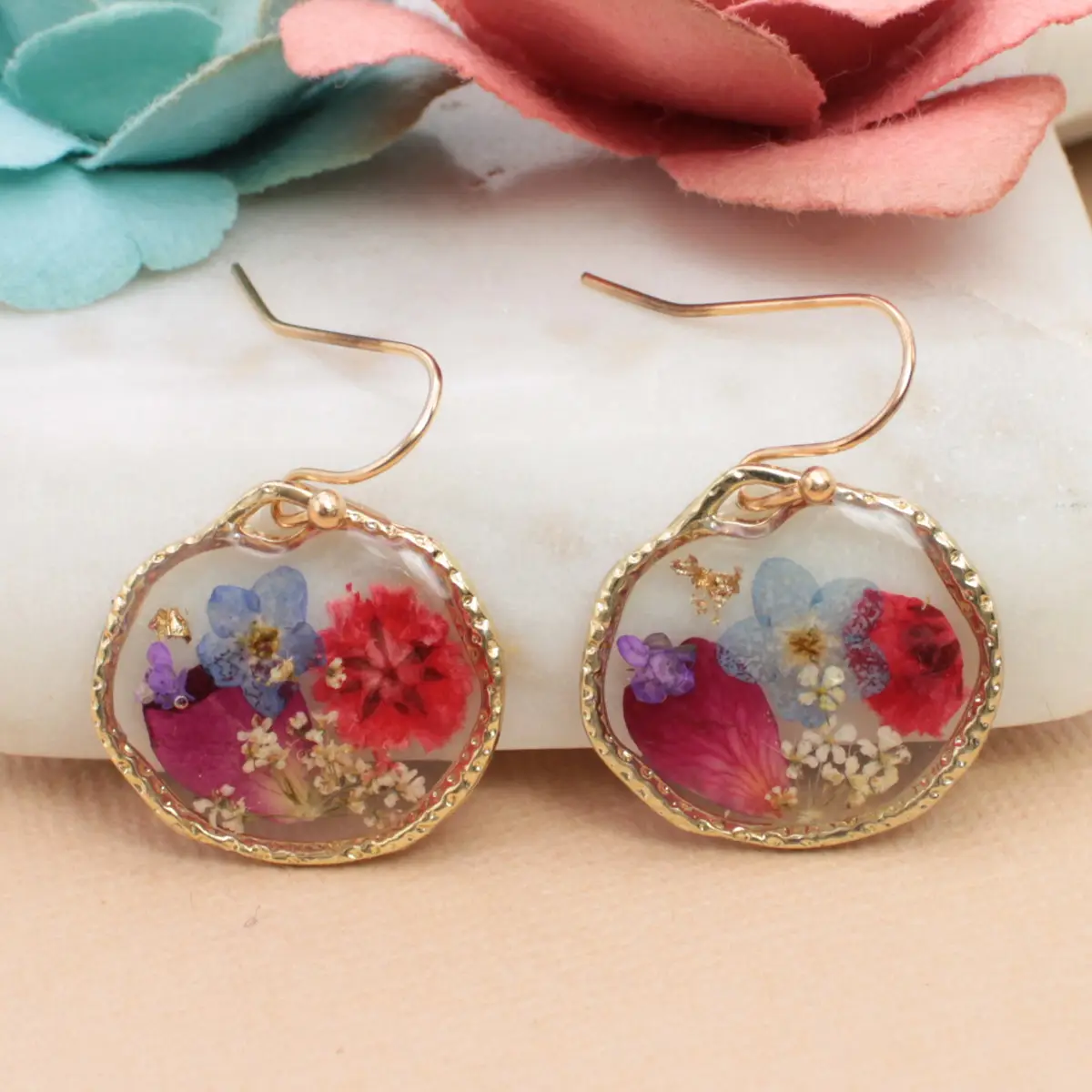 Cottage Floral Blue Red Dried Flowers Earrings
