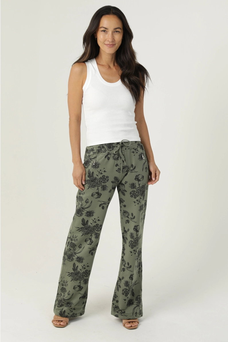 French Terry Wide Floral Print Straight Leg Pants